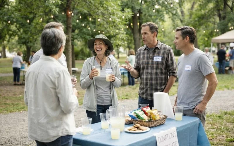 A relaxed group of adults mingling at a casual community meetup in a bright venue, no romantic pairing implied, natural social setting
