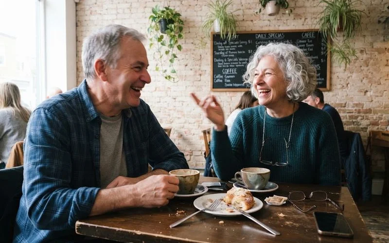 An older couple having coffee together at an outdoor cafe table, warm daylight, relaxed conversation, candid natural photo