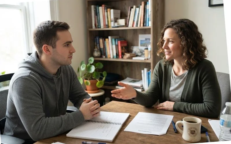 A dating coach and client reviewing a laptop screen together, working on a dating profile, casual office setting