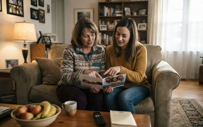 Two family members having a warm, relaxed conversation over coffee at a kitchen table, natural daylight, supportive tone