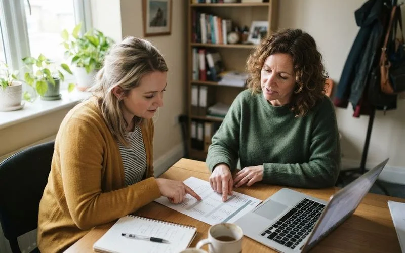 A matchmaker and client reviewing a printed intake questionnaire together at a small office table, warm daylight, notebook and coffee visible