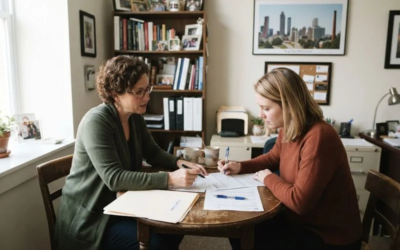 A matchmaker taking notes during a one-on-one intake consultation with a new client in a bright, comfortable office setting