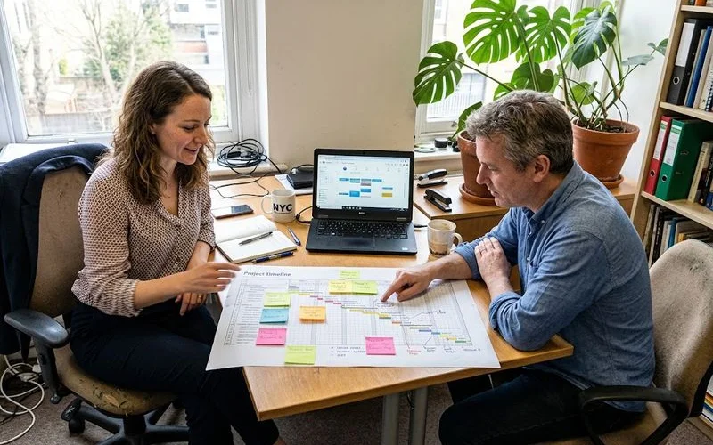 A calendar with several dates marked and a laptop open beside it, planning a timeline, organized desk setting