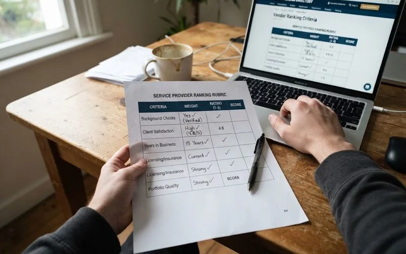 Close up of a hand pointing at a printed ranking rubric checklist next to a laptop showing matchmaker listings