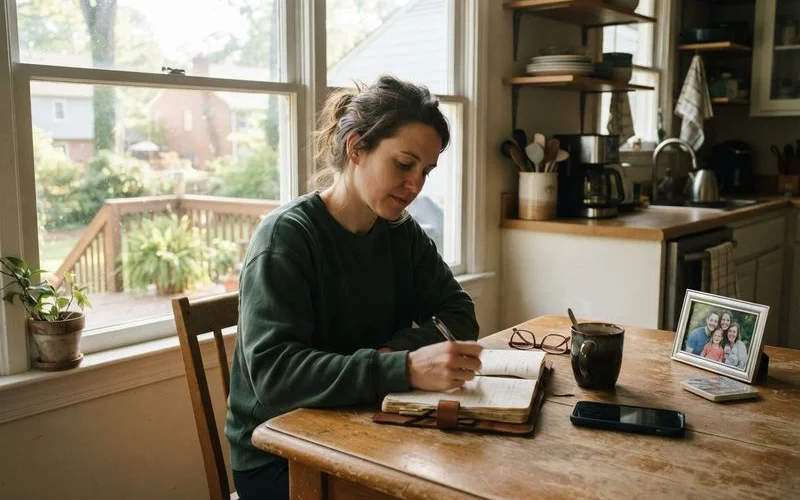A person looking thoughtfully out a window with a cup of coffee, quiet reflective moment, warm natural home lighting