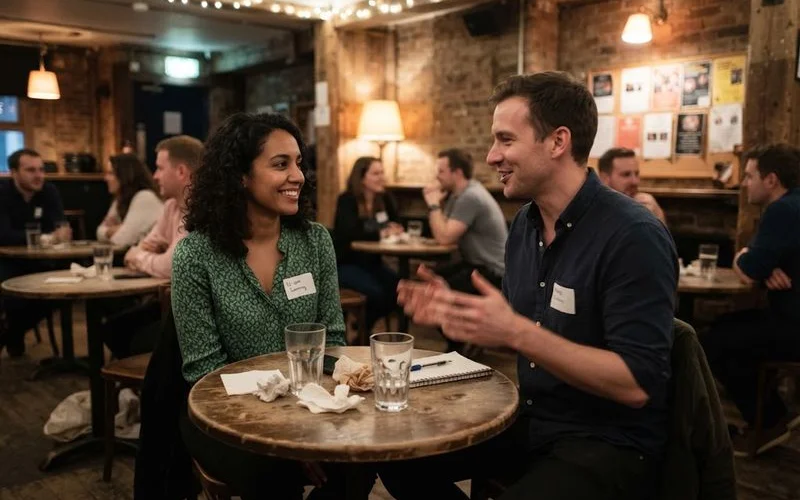 Small groups of singles seated across from each other at rotating tables during a timed speed dating round, warm bar lighting