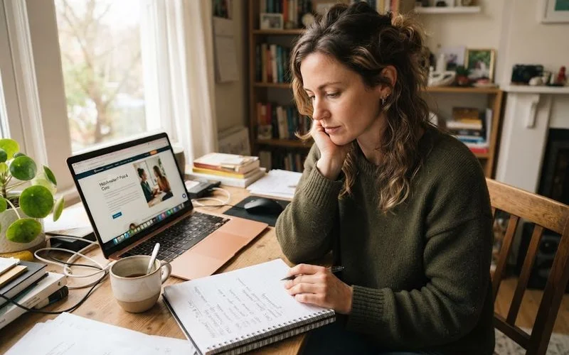 A person sitting alone thoughtfully reviewing notes and a laptop at a kitchen table, weighing a decision, natural home lighting